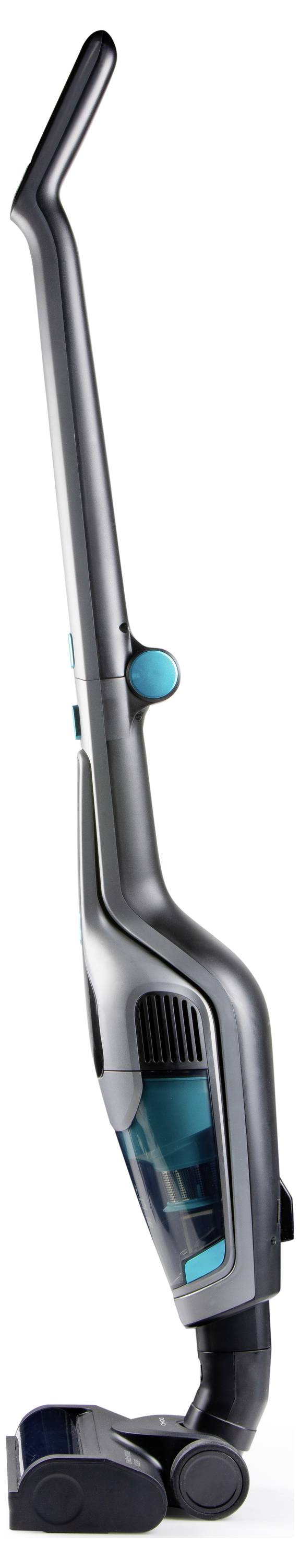 Un aspirateur vertical élégant au design moderne, doté d'un long manche et d'un réservoir à poussière amovible.