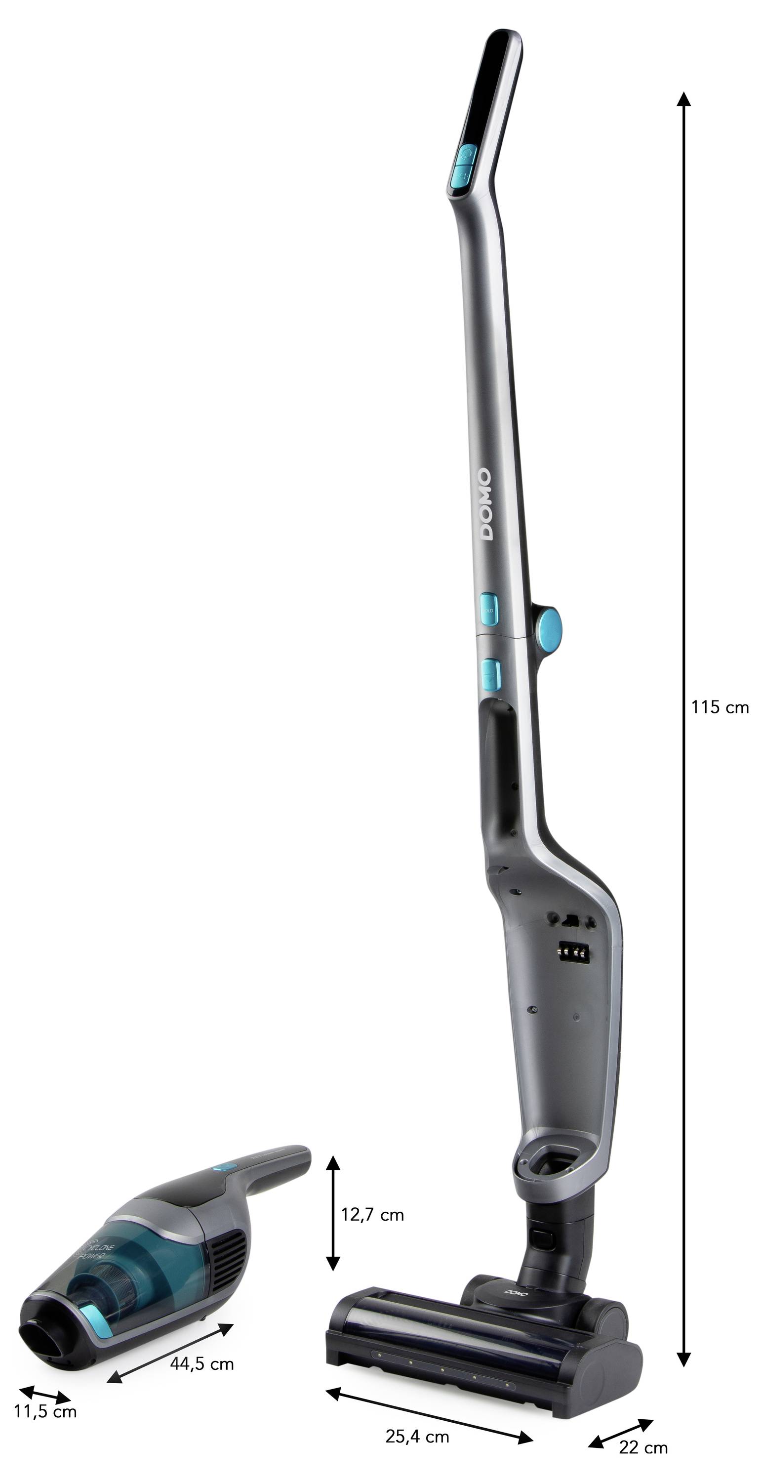 Un aspirateur vertical élégant en noir et bleu avec un composant à main détachable. Les dimensions sont indiquées : 115 cm de hauteur, 22 cm de largeur.