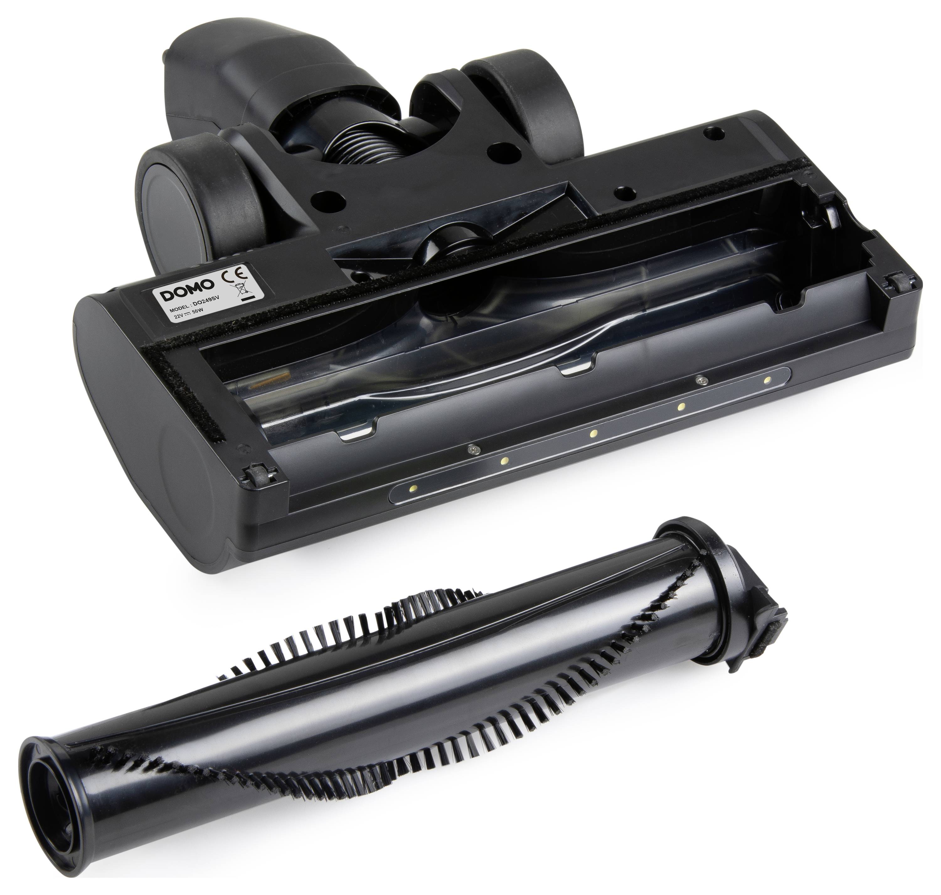Accessoire d'aspirateur désassemblé, montrant le rouleau-brosse et le boîtier avec l'étiquette DOMO, mettant en évidence les composants internes pour l'entretien.