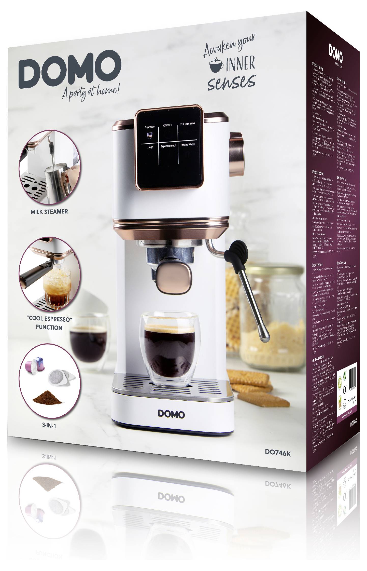 Boîte présentant une machine à espresso DOMO avec un mousseur à lait et une fonction 'espresso rafraîchissant'. Texte : 'Éveiller vos sens intérieurs'.