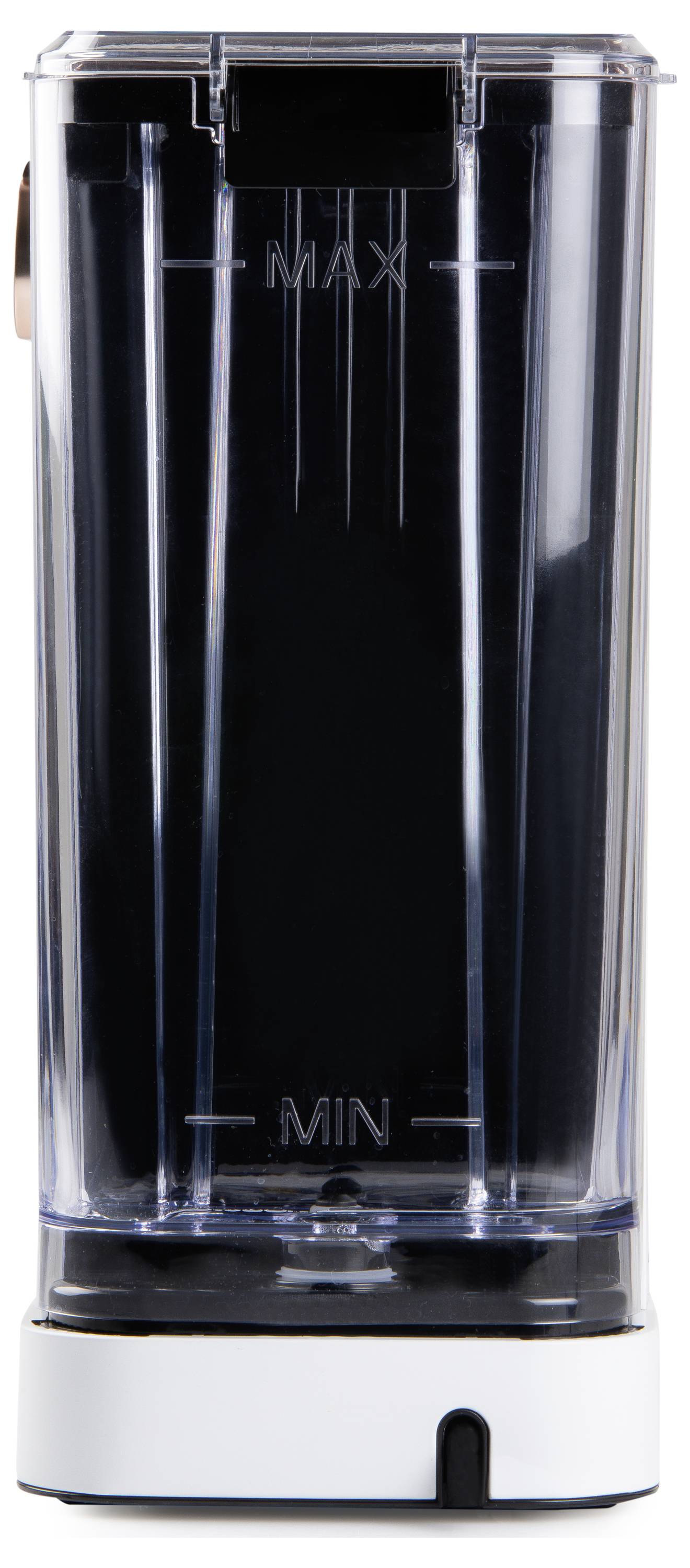 Un bocal de blender transparent avec des repères 'MAX' et 'MIN', posé sur une base blanche.
