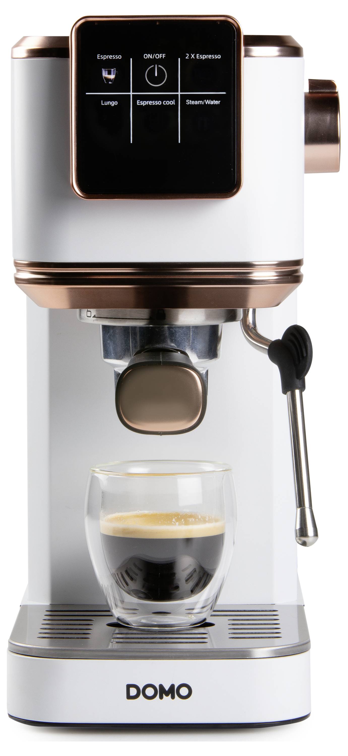Machine à café compacte blanche et bronze avec un affichage numérique présentant des options d'espresso, un espresso simple étant préparé dans une tasse en verre.