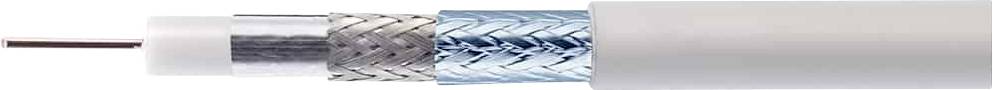 Coupe transversale d'un câble coaxial montrant les couches : conducteur central en cuivre, isolant diélectrique, blindage tressé, gaine externe en plastique.