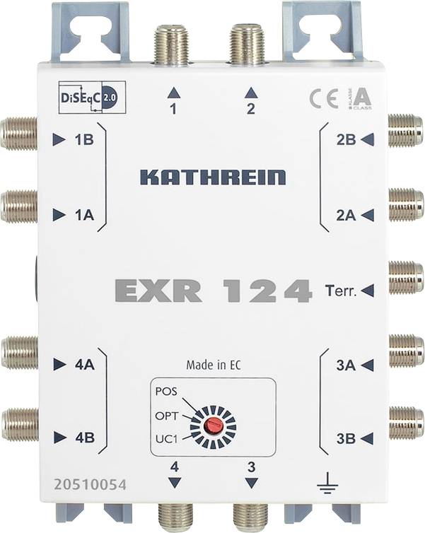 Un appareil étiqueté 'KATHREIN EXR 124' avec plusieurs ports coaxiaux étiquetés de 1A à 4B. Comprend un logo DiSEqC 2.0 et un marquage CE.