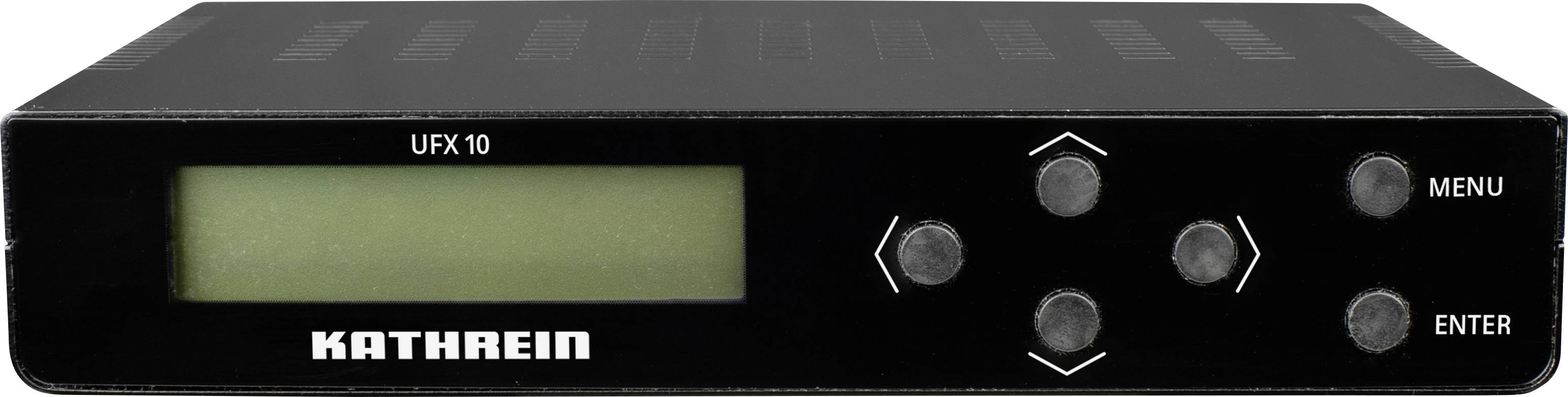 Un récepteur numérique Kathrein UFX 10 noir avec un écran d'affichage, cinq boutons de navigation, un bouton 'Menu' et un bouton 'Entrée' sur le panneau avant.