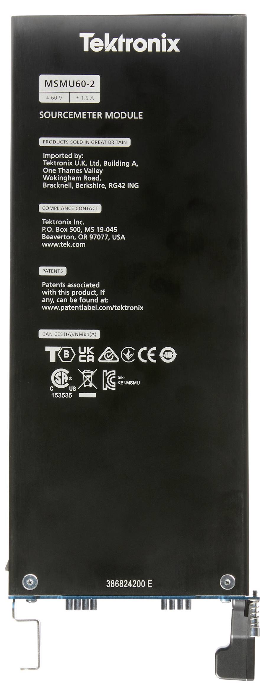 Module Sourcemeter de Tektronix MSMU60-2 ; divers logos de conformité ; coordonnées de Tektronix, Inc., États-Unis.