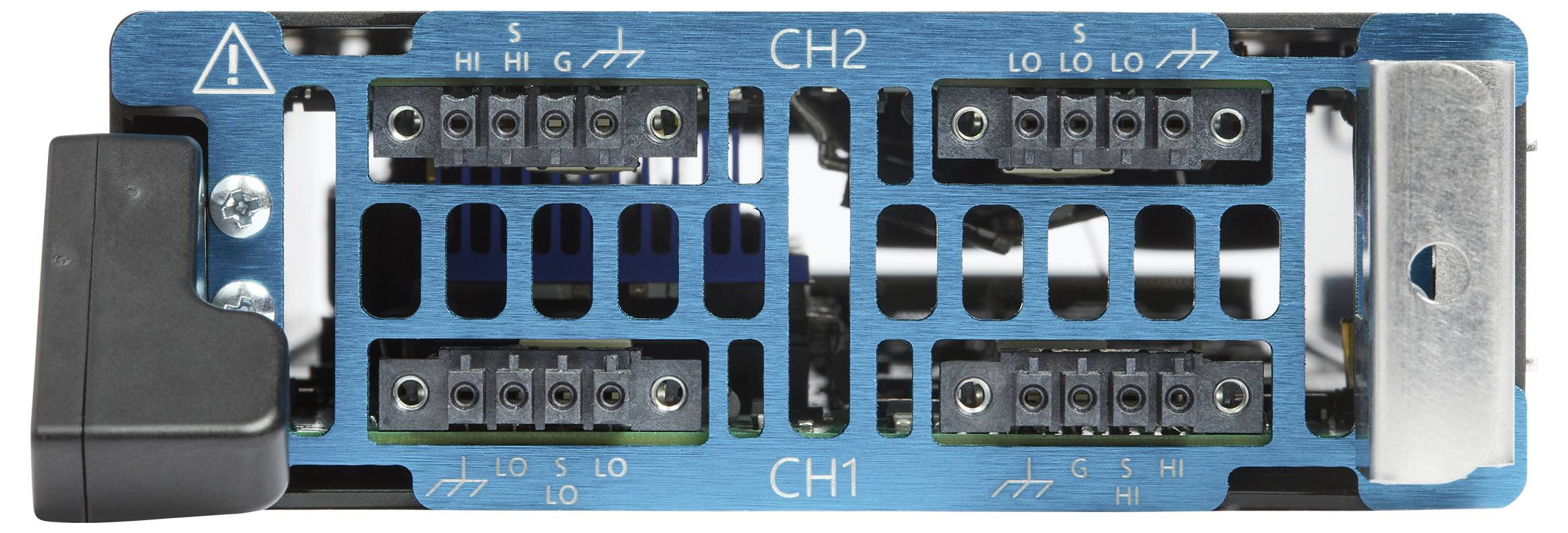 Circuit imprimé bleu étiqueté 'CH1' et 'CH2' avec des bornes de connexion, comprenant des avertissements et des options d'entrée pour 'HI', 'LO', 'S' et 'G'.