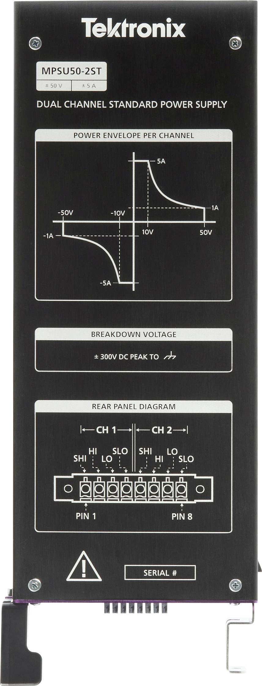 Panneau d'alimentation double canal Tektronix MPSU50-2ST montrant l'enveloppe de puissance, la tension de claquage de ±300V DC en crête, et le schéma du panneau arrière avec les broches de canal.