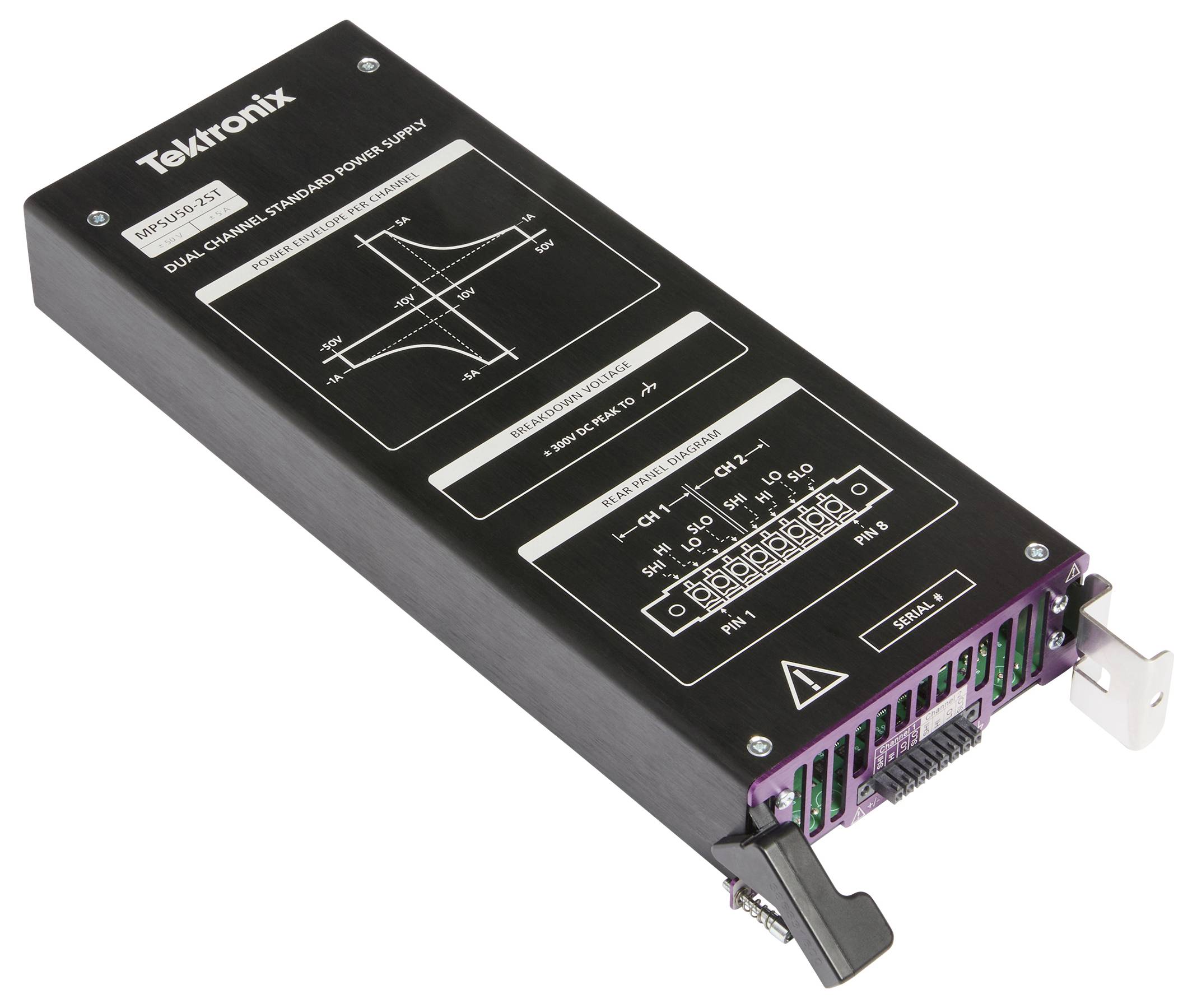 Alimentation électrique standard à double canal de Tektronix ; la partie supérieure présente un schéma avec des spécifications ; les connexions sont étiquetées pour CH1 et CH2.