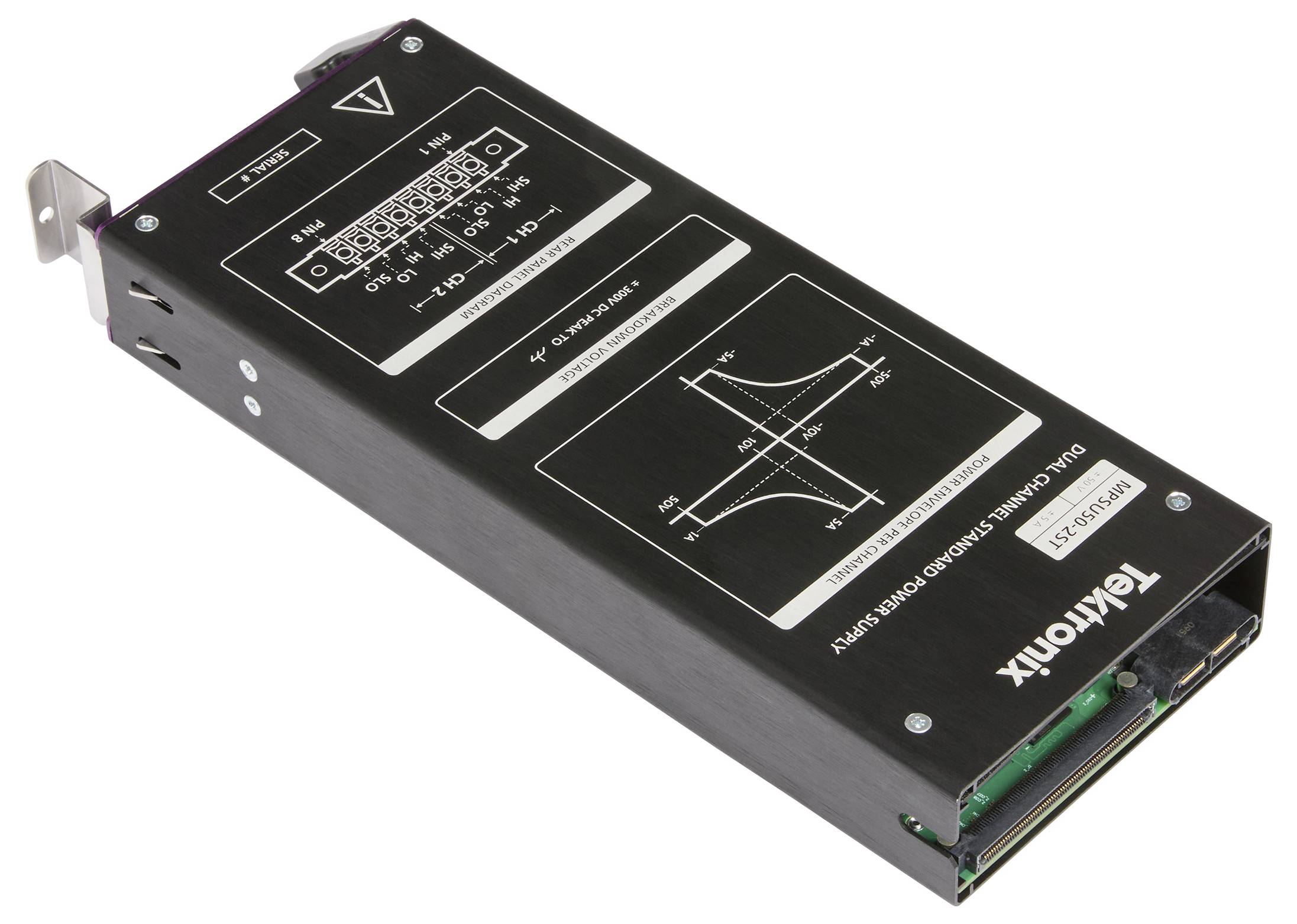 Un appareil électronique rectangulaire noir étiqueté « Tektronix », présentant divers diagrammes techniques, ports de connexion et paramètres de configuration.