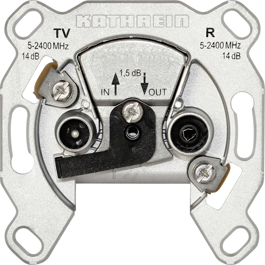 L'image montre une prise Kathrein pour téléviseur et radio avec une plage de fréquences de 5-2400 MHz, dont la spécification est de 14 dB. Deux ports de connexion sont marqués TV et R.