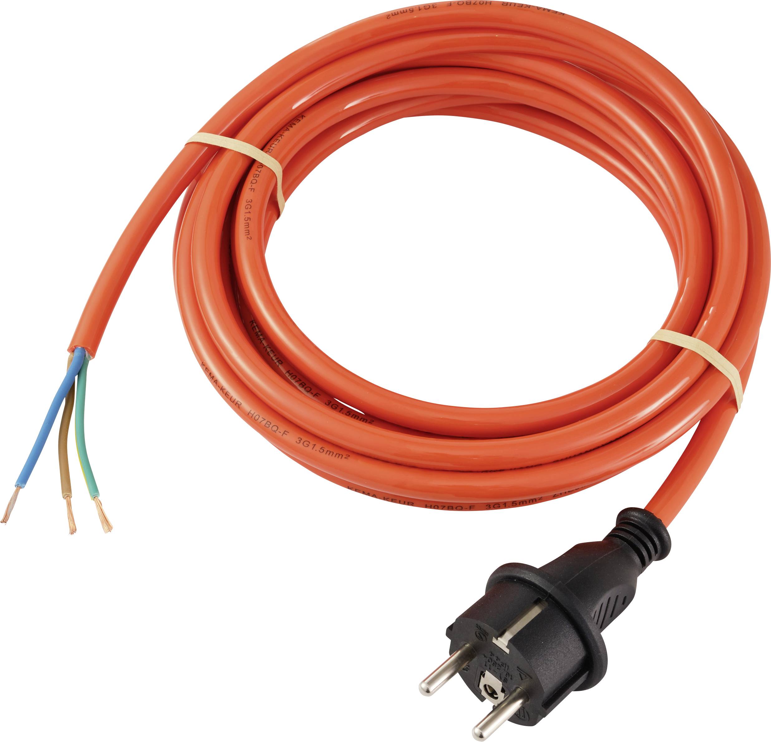 Un câble électrique orange enroulé, avec une fiche européenne à une extrémité et des fils dénudés à l'autre, maintenu par deux liens plastiques.