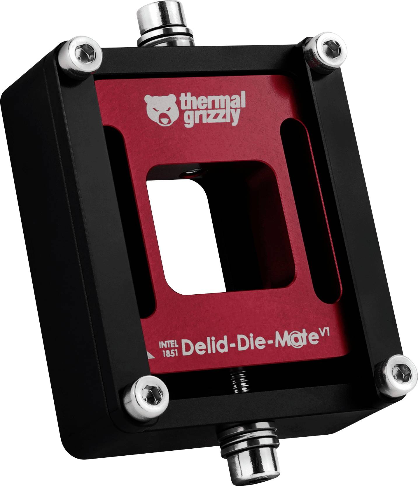 L'image montre un 'Thermal Grizzly Delid-Die-Mate V1', un outil utilisé pour retirer en toute sécurité le dissipateur thermique intégré des processeurs Intel.