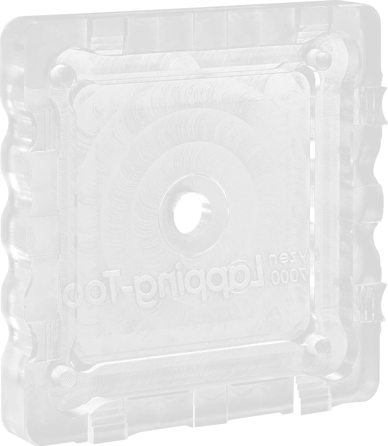Un objet carré transparent doté d'un trou central et de bords texturés. Un texte en relief indistinct indique « Outil de rodage Année 2000 ».