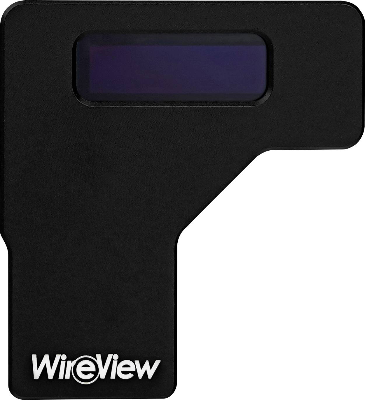 Un adaptateur WireView noir avec un petit écran rectangulaire, utilisé pour les tests, étiqueté « WireView » au bas.