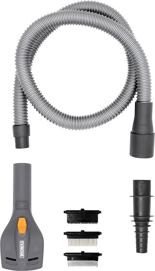 Accessoires d'aspirateur : un tuyau flexible, un embout brosse avec un bouton orange, deux éléments filtrants, et un embout conique.