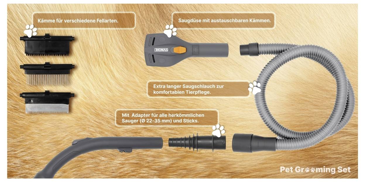 Kit de toilettage pour animaux de compagnie comprenant des brosses adaptées à différents types de poils, un tuyau d'aspirateur avec peigne interchangeable, et un adaptateur pour aspirateurs standard.