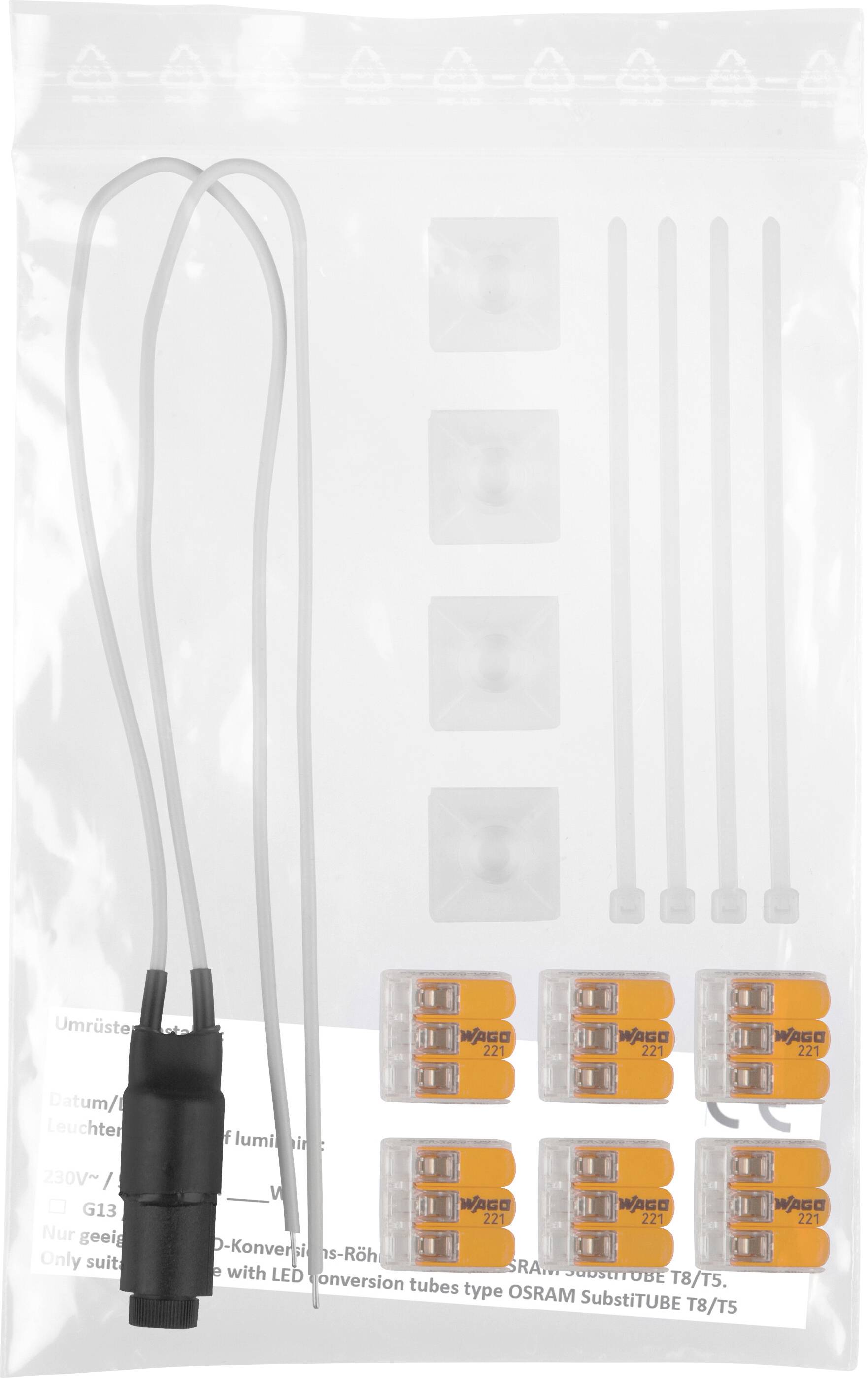 Sac en plastique contenant un faisceau de câbles avec une extrémité de connecteur noir et plusieurs connecteurs orange, adapté aux installations électriques.