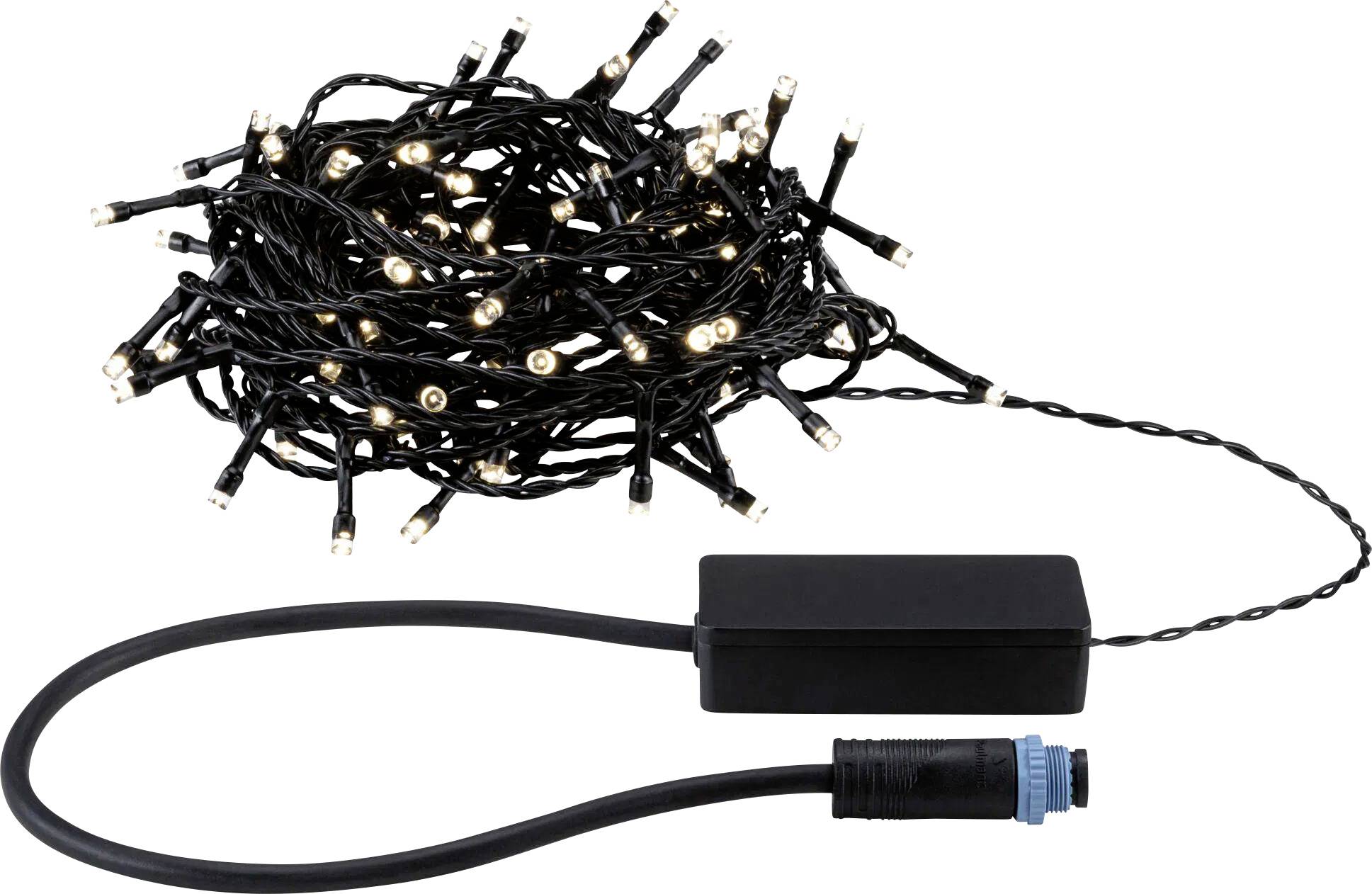 Un cordon de guirlande lumineuse noir avec câble de LED enroulé, comprenant un adaptateur secteur et une fiche, adapté à une utilisation décorative ou festive.