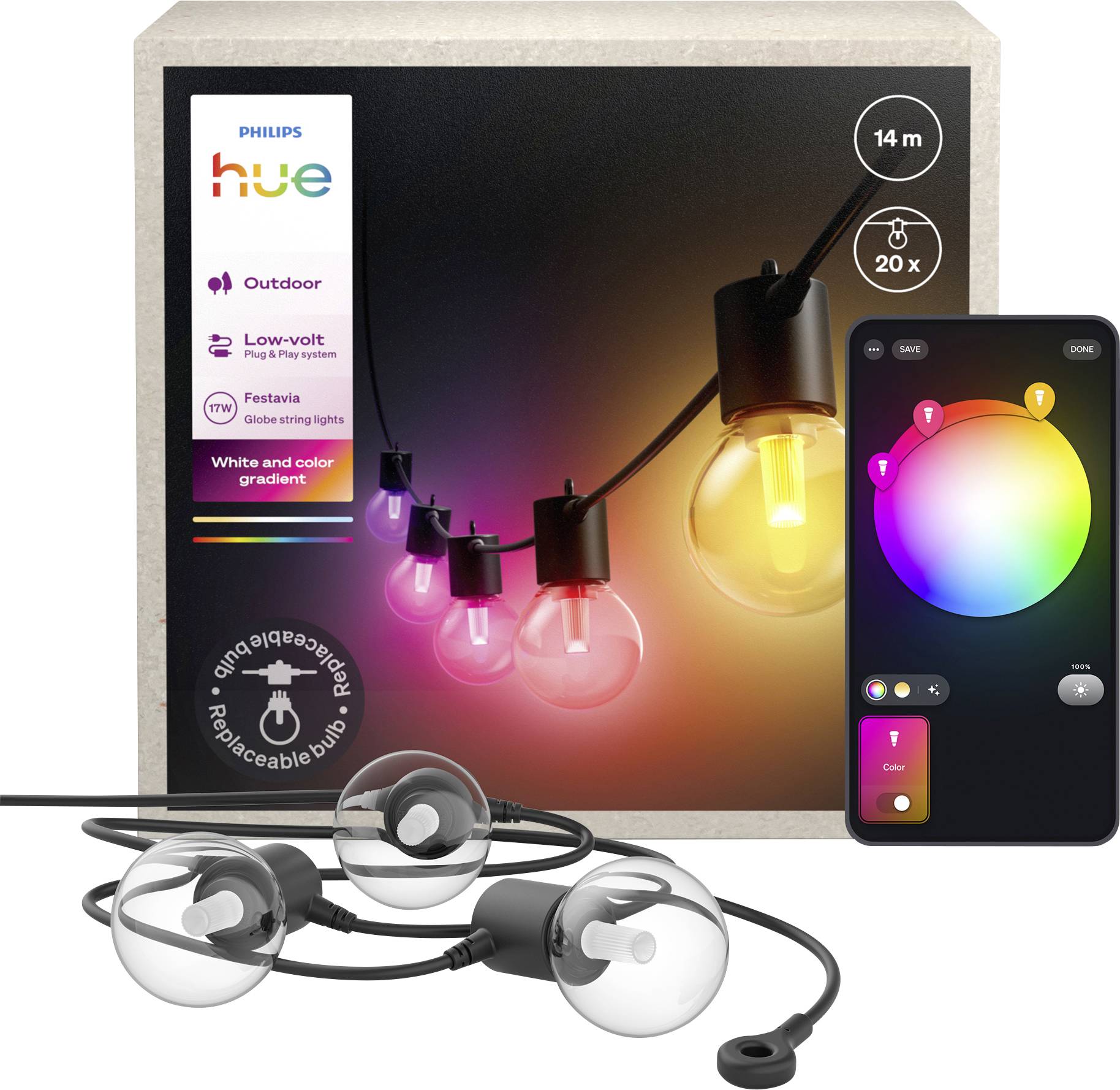 Philips Hue Outdoor-Lichterkette mit mehrfarbigen Leuchtmitteln und App-Schnittstelle, die Farboptionen anzeigt. Entwickelt für eine Abdeckung von 14 m.