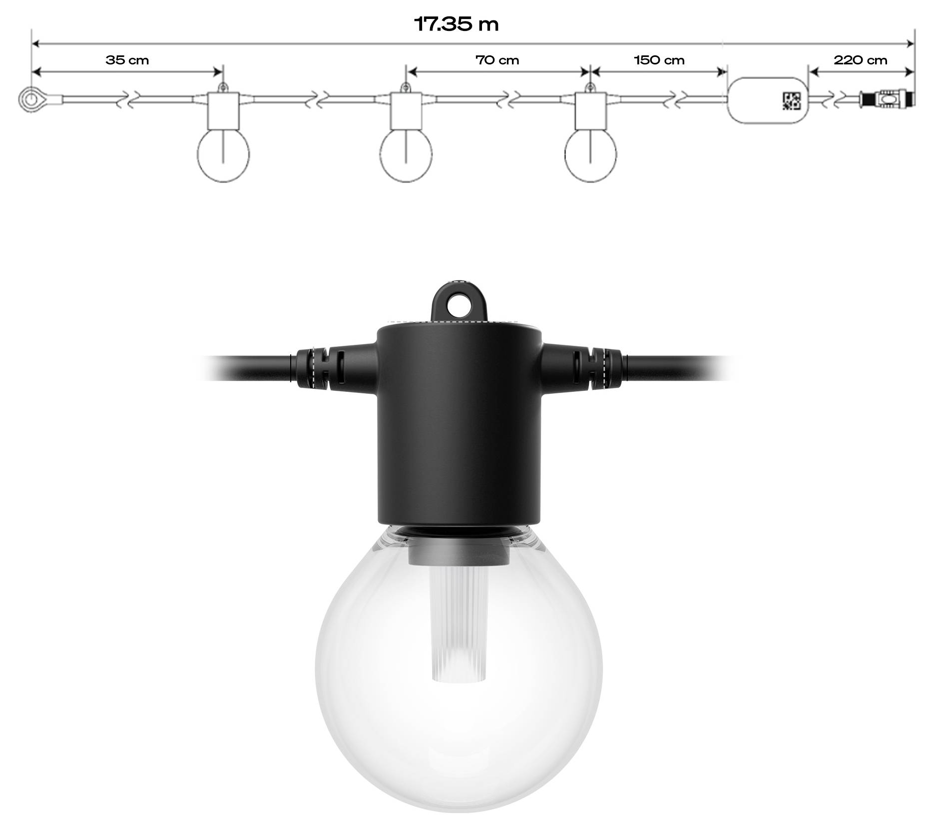 Schéma des guirlandes lumineuses. Longueur totale : 17,35 m. Distance entre les lumières : 70 cm. Contient des ampoules et une prise murale avec interrupteur marche/arrêt.