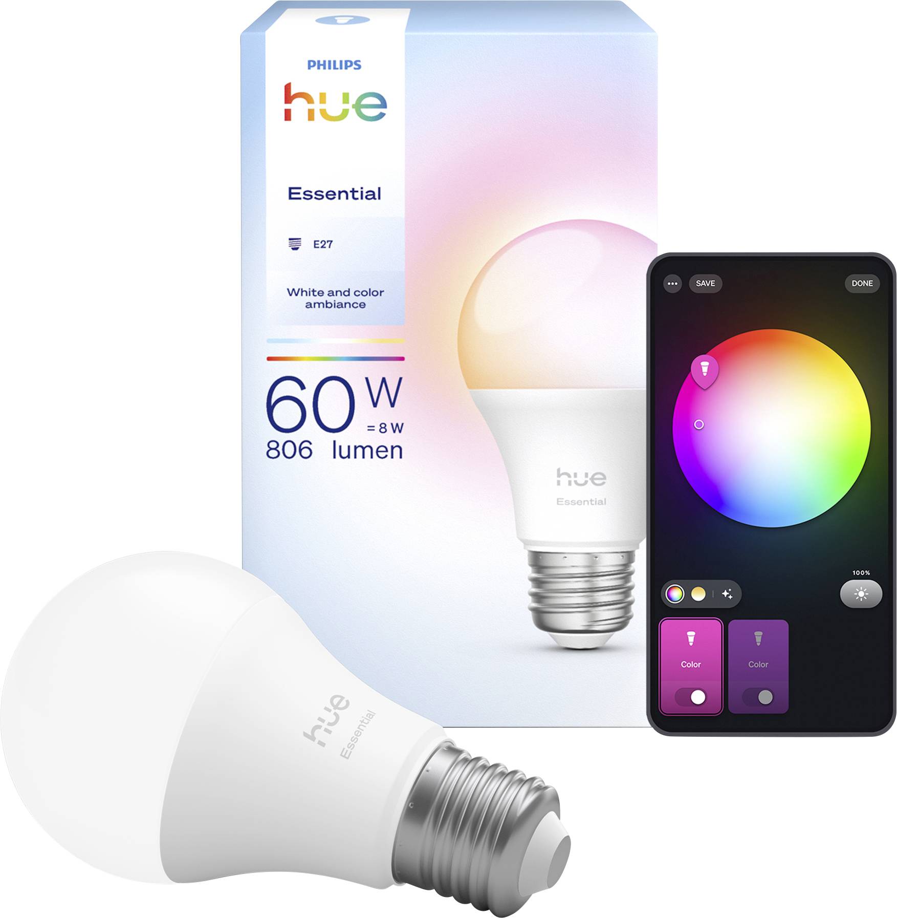 Philips Hue Essential Smartlampe und Verpackung mit einem Smartphone-Bildschirm, der Farbeinstellungsoptionen zeigt. 60W, 806 Lumen.