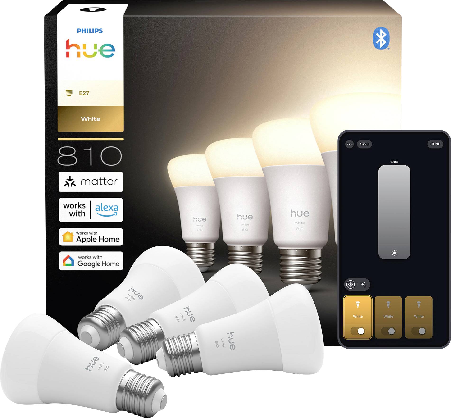 Quatre ampoules intelligentes Philips Hue à côté de leur emballage, avec des logos de compatibilité pour Alexa, Apple Home et Google Home.