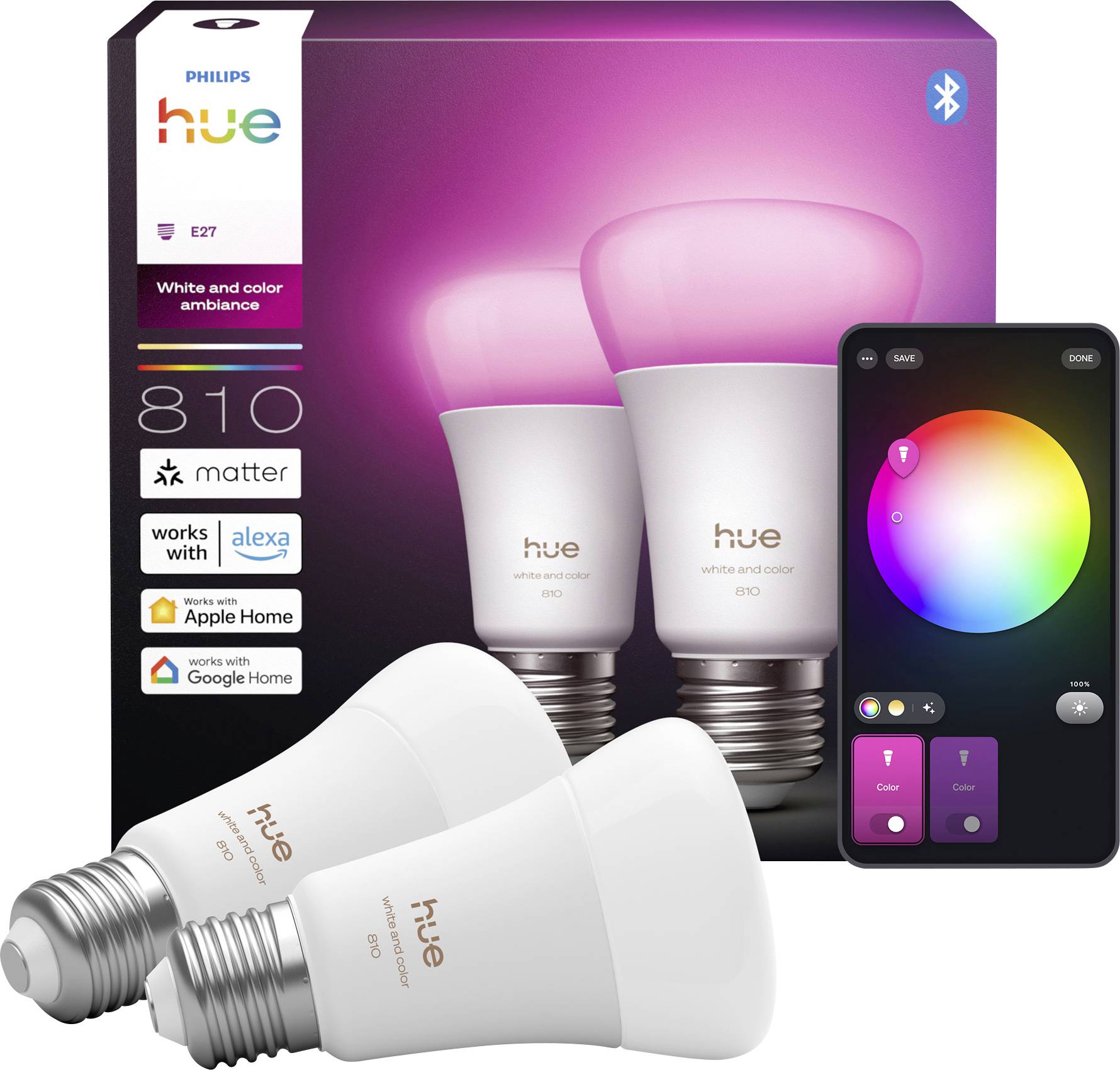 Ampoules intelligentes Philips Hue blanc et ambiance colorée, présentées avec leur emballage et l'interface de l'application mobile affichant les options de sélection de couleur.