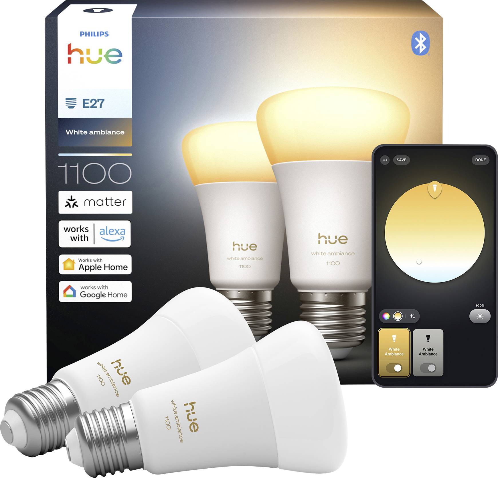 Ampoules intelligentes 'Philips Hue White Ambiance' avec culot E27, compatibles avec Alexa, Apple HomeKit, Google Assistant, pilotables via une application mobile.
