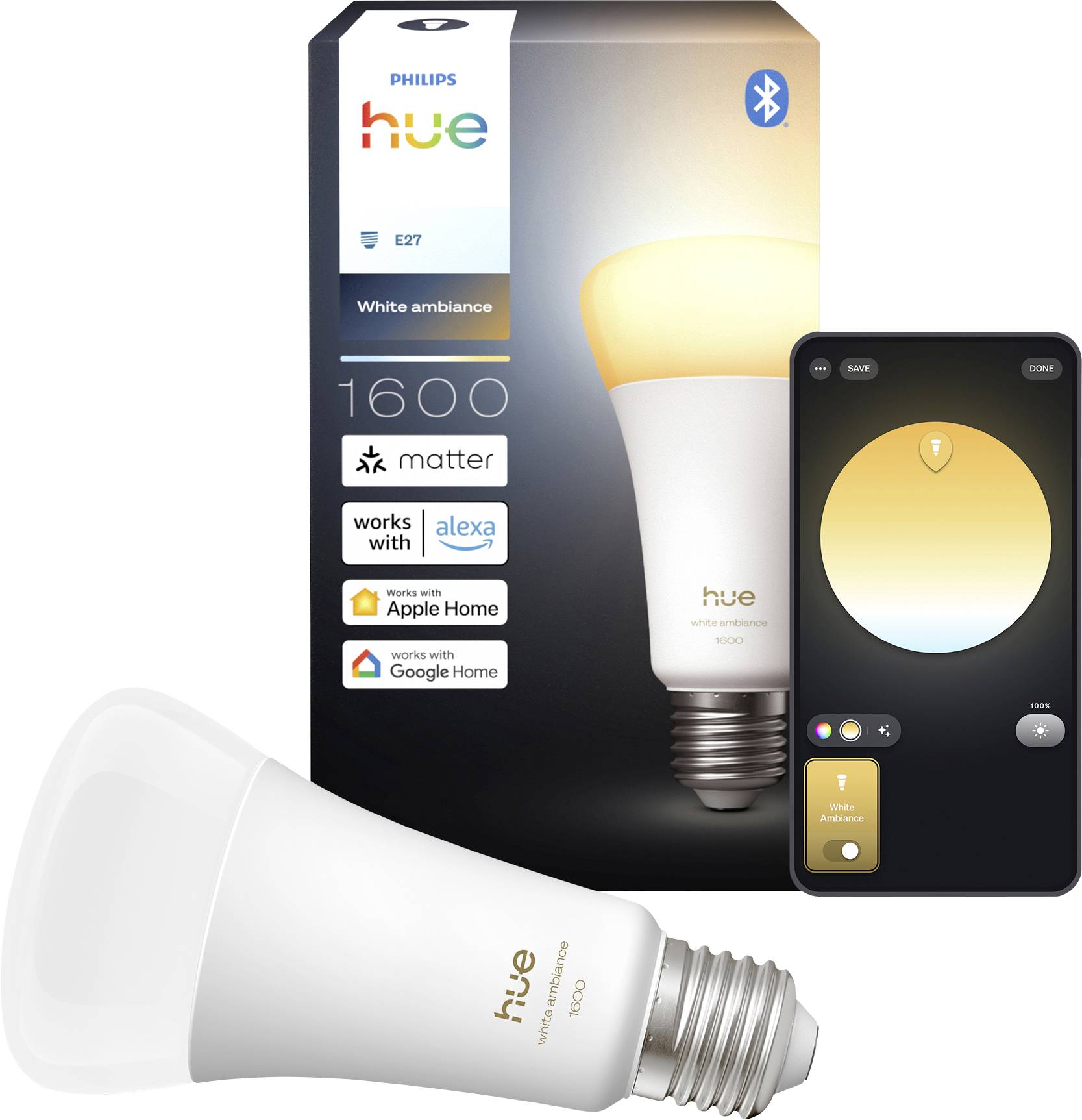 Ampoule connectée Philips Hue White Ambiance<br>1600 lumens<br><br>Compatible avec :<br>- Alexa<br>- Apple Home<br>- Google Home<br>- Matter<br>- Bluetooth