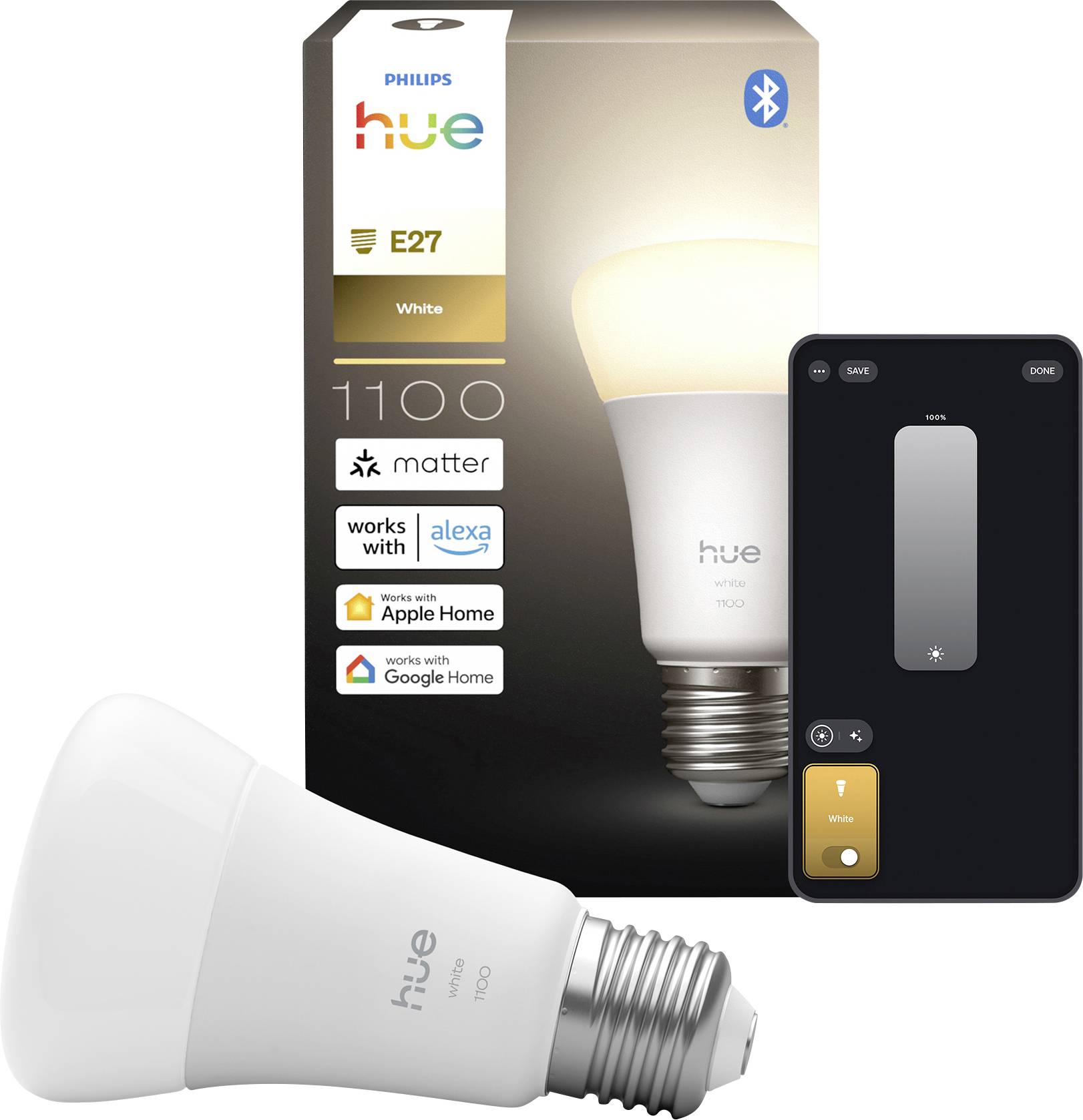 Ampoule intelligente Philips Hue White E27 1100 lumens avec support Matter, compatible avec Alexa, Apple Home et Google Home.