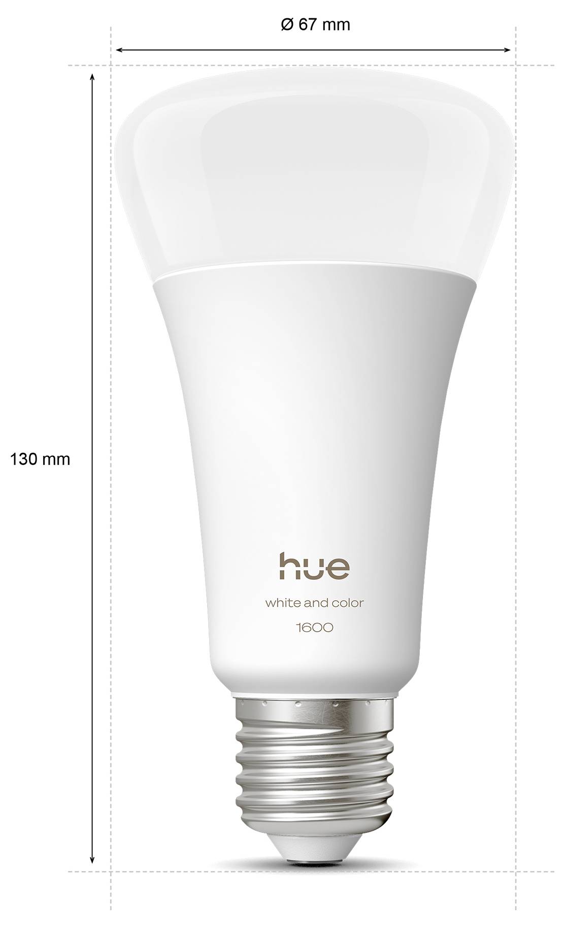 Une ampoule intelligente blanche avec le texte « hue white and color 1600 ». Dimensions de l'ampoule : diamètre 67 mm, hauteur 130 mm.