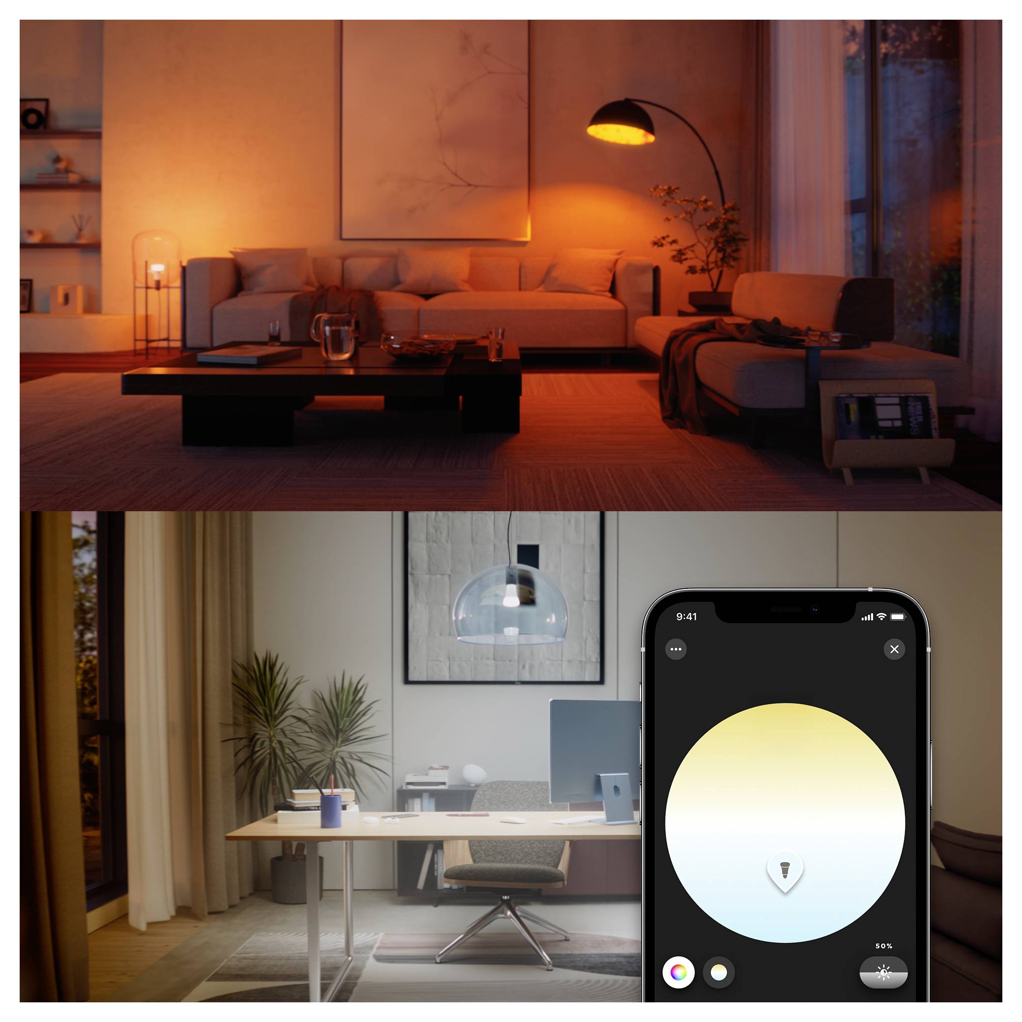 Un salon baigné d'une lumière orange chaleureuse, meublé avec des meubles modernes et décoré d'œuvres d'art sur les murs. En-dessous, une interface d'appareil intelligent affiche les commandes d'éclairage.