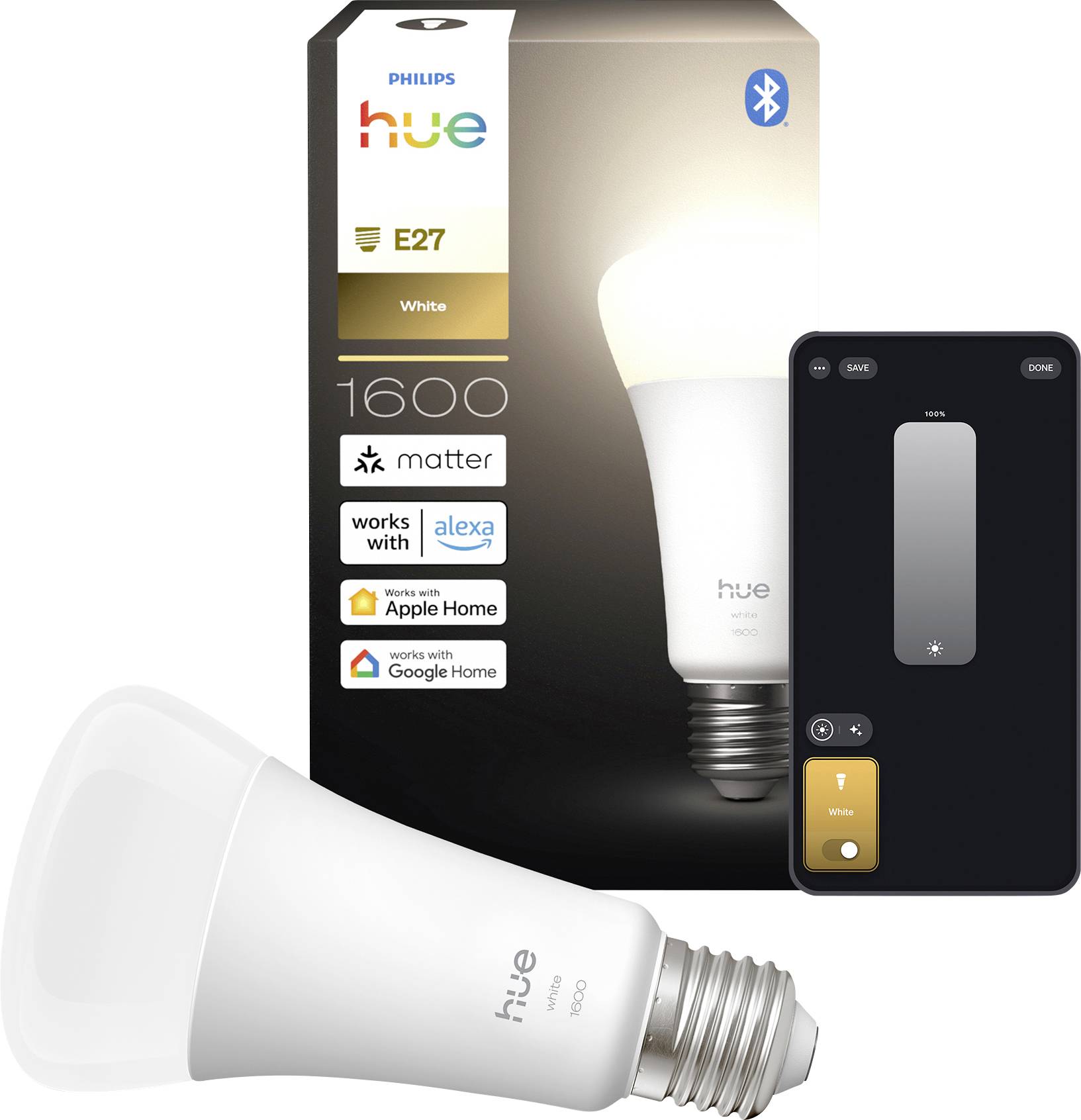 Ampoule connectée Philips Hue E27 blanche avec texte '1600 lumens', affichant la compatibilité avec Alexa, Apple Home, Google Home et Matter.