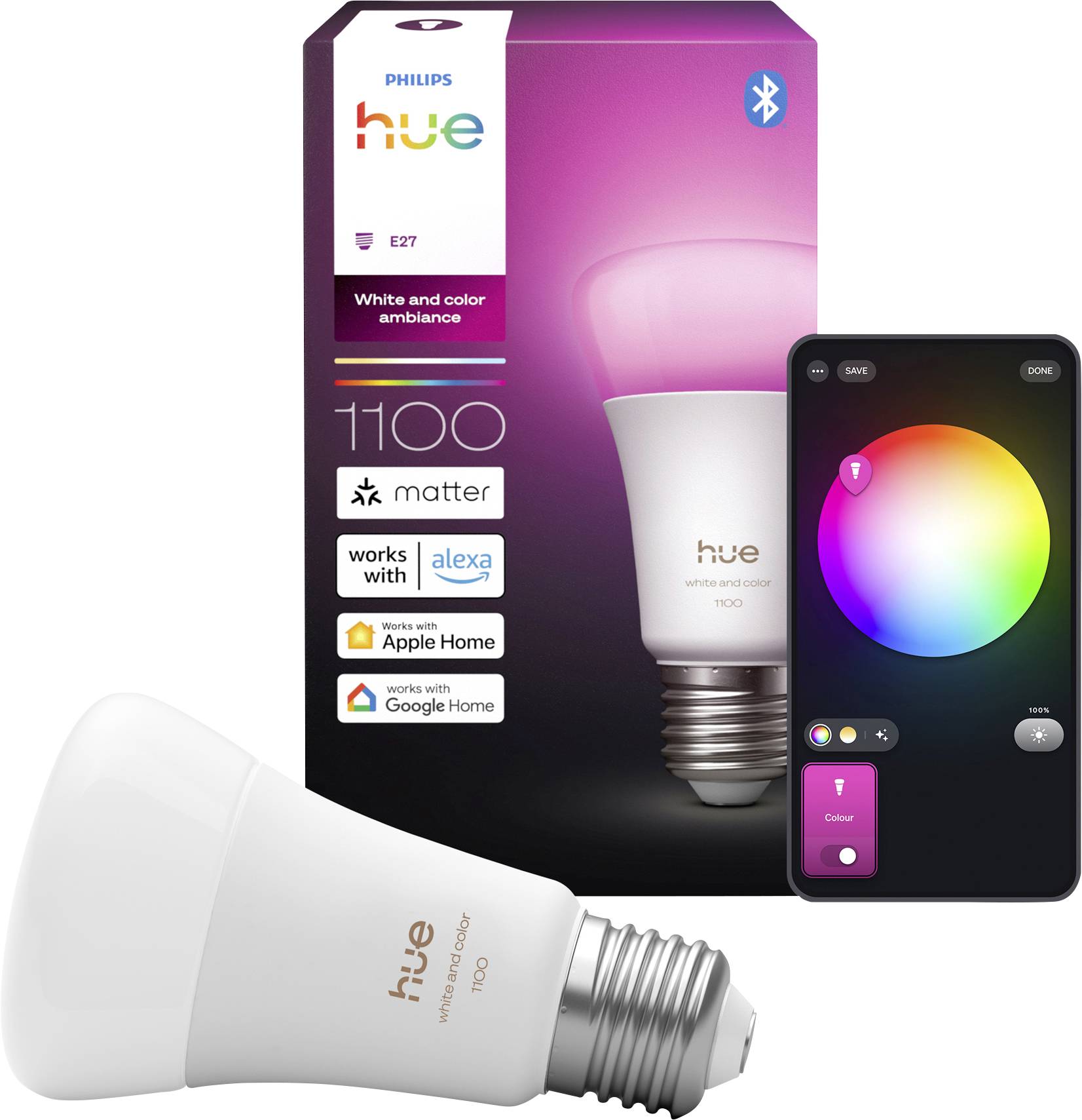 Ampoule intelligente Philips Hue avec ambiance blanche et couleur ; l'emballage indique la compatibilité avec Alexa, Apple Home et Google Home.