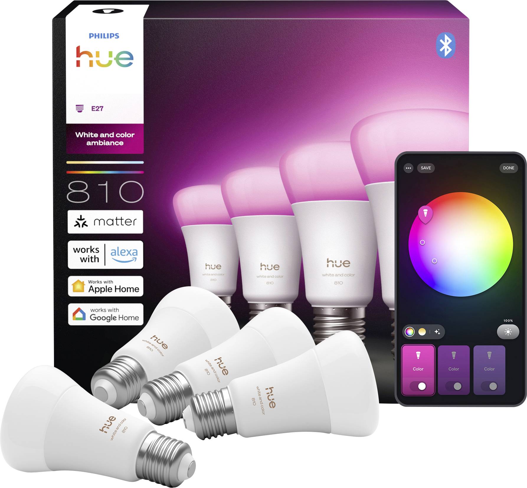 Ampoules intelligentes Philips Hue de 810 lumens avec fonction de changement de couleur et compatibilité avec Alexa, Apple Home et Google Home.