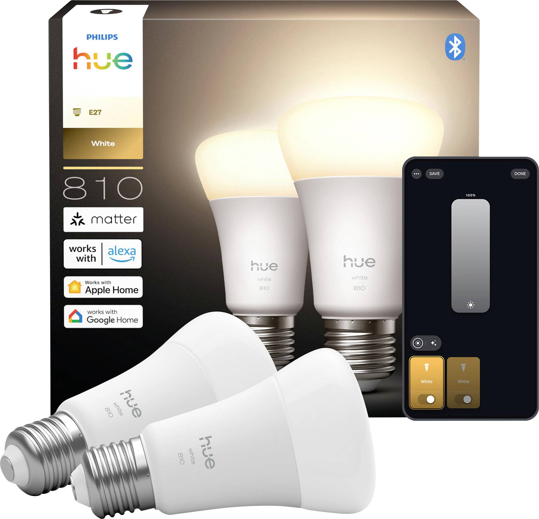 Ampoules intelligentes Philips Hue avec emballage, compatibles avec Alexa, Apple Home, Google Home et Matter, offrant un contrôle de la luminosité.