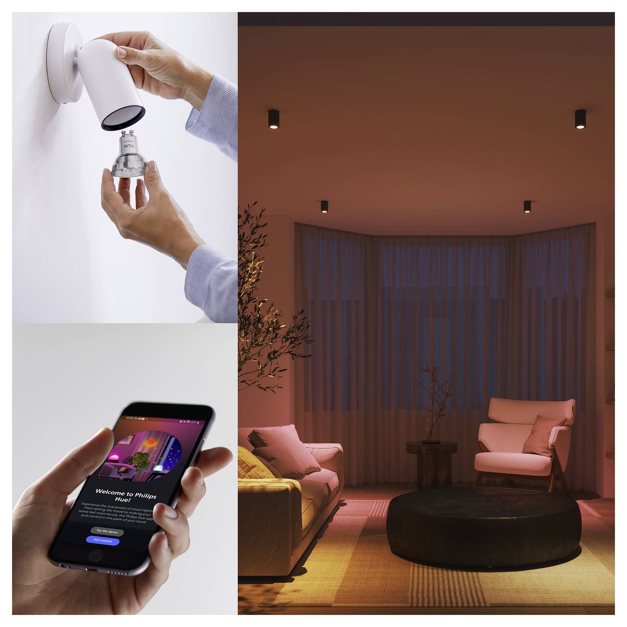 « Une personne installe une ampoule intelligente, la contrôle via une application mobile et crée une ambiance chaleureuse et doucement éclairée dans son salon. »