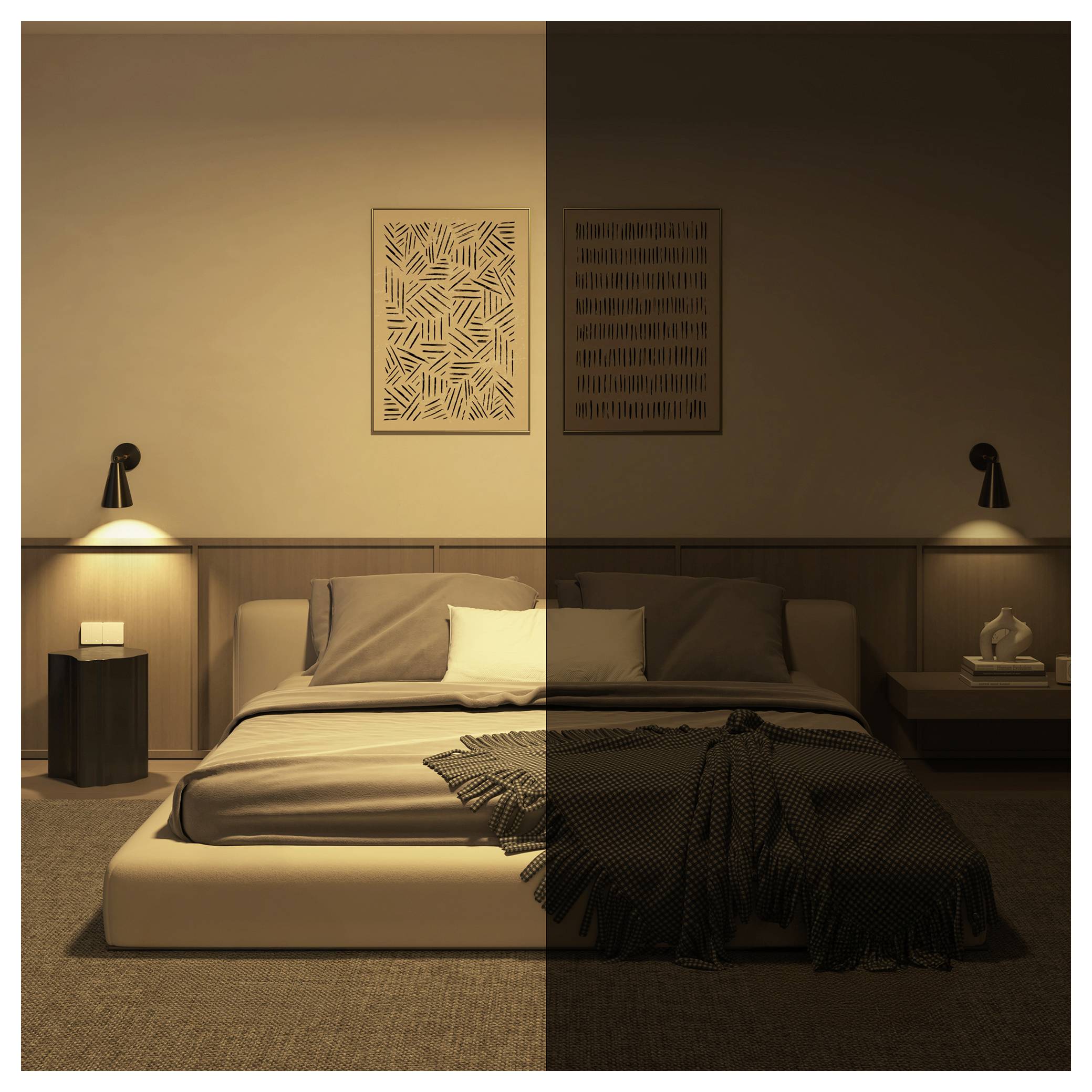 Une chambre avec un lit, deux lampes de chevet et des œuvres murales. L'image est divisée verticalement pour montrer un côté chaleureux et bien éclairé, et un côté sombre et obscur.