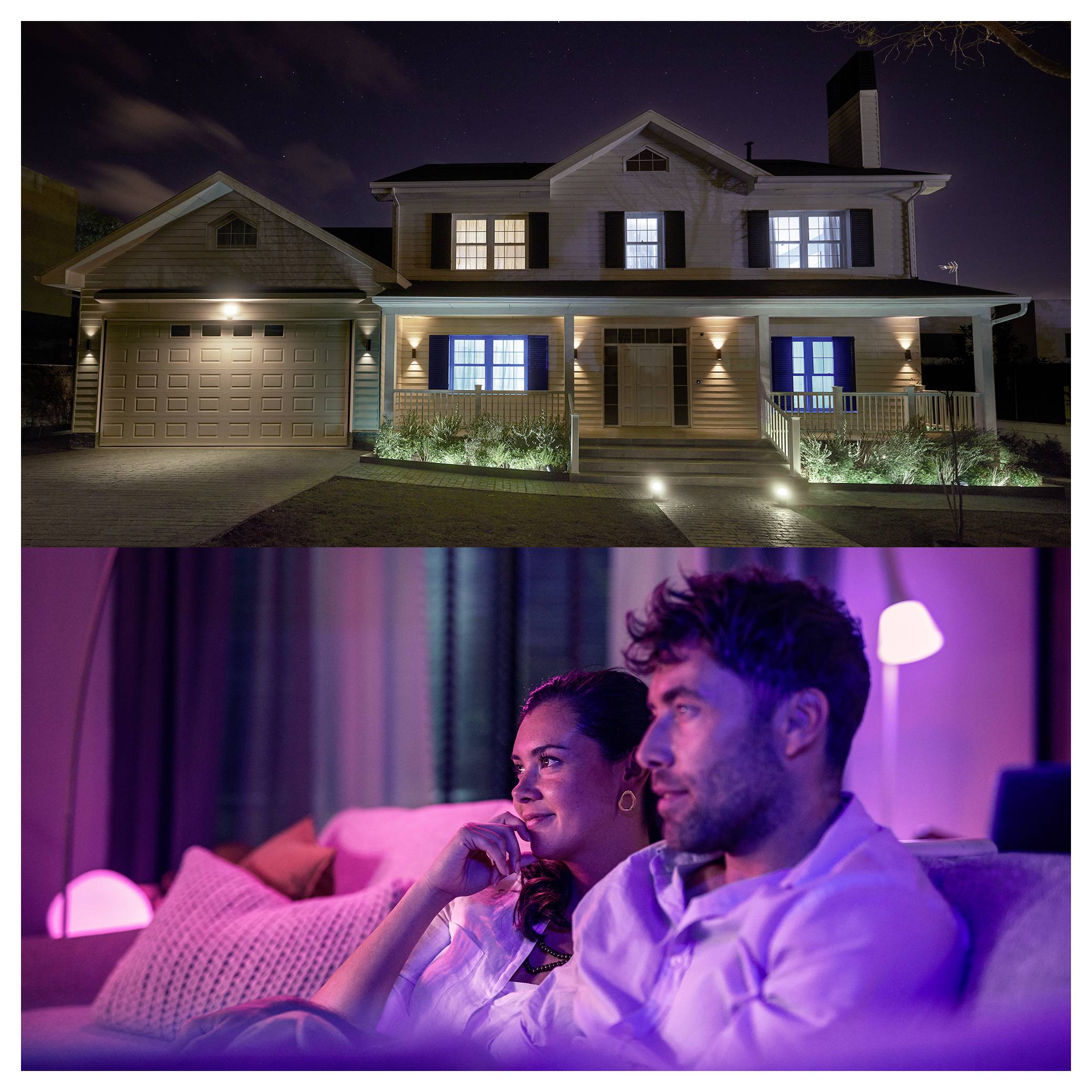 L'image est divisée en deux : la partie supérieure montre une maison bien éclairée la nuit, et la partie inférieure dépeint un couple regardant la télévision dans une pièce faiblement éclairée.