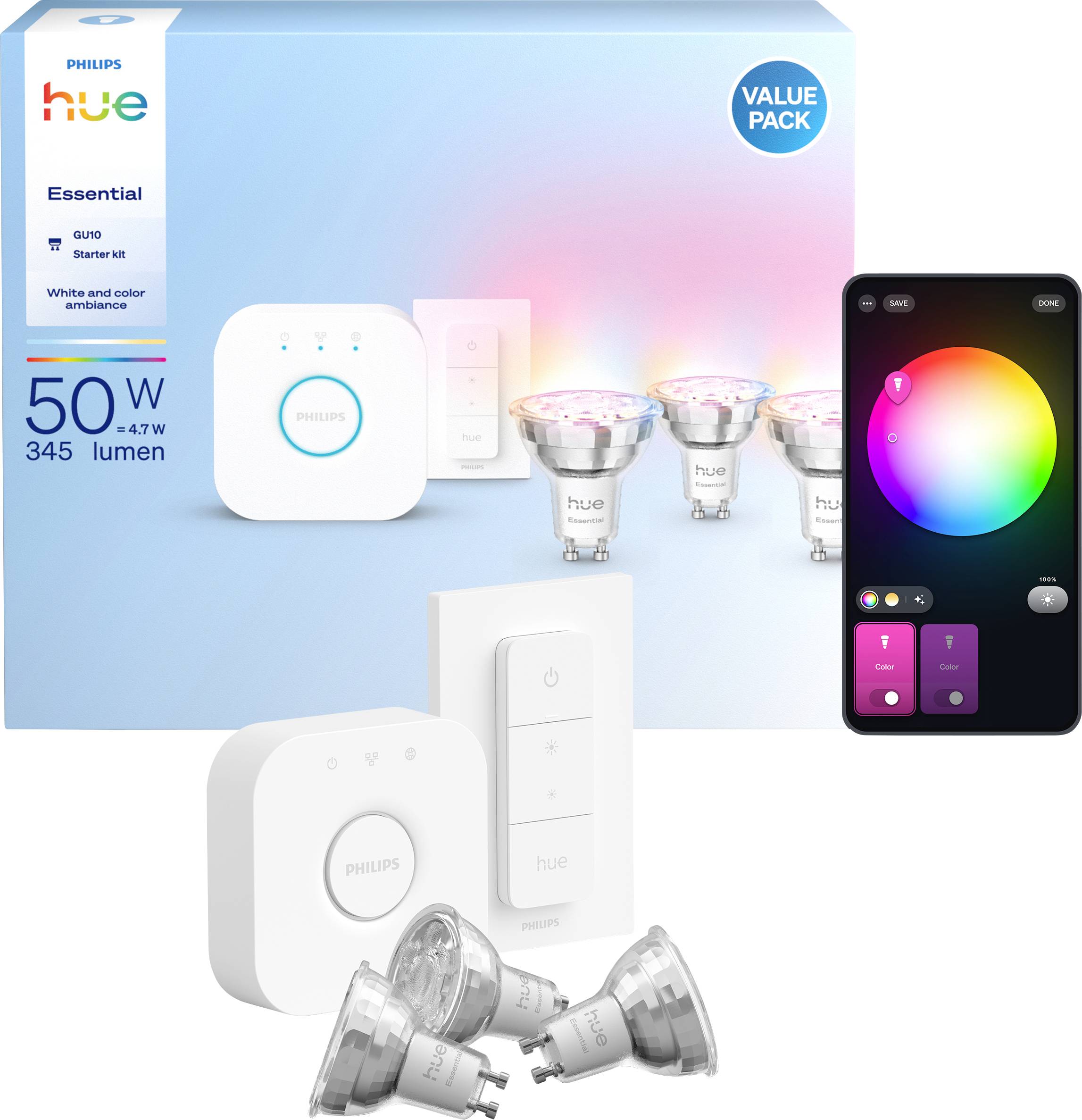 Philips Hue Essential Duo Starter Kit: Enthält Hue Bridge, Fernbedienung und zwei Smart-Glühbirnen. Steuern Sie Farben und Helligkeit über die App.