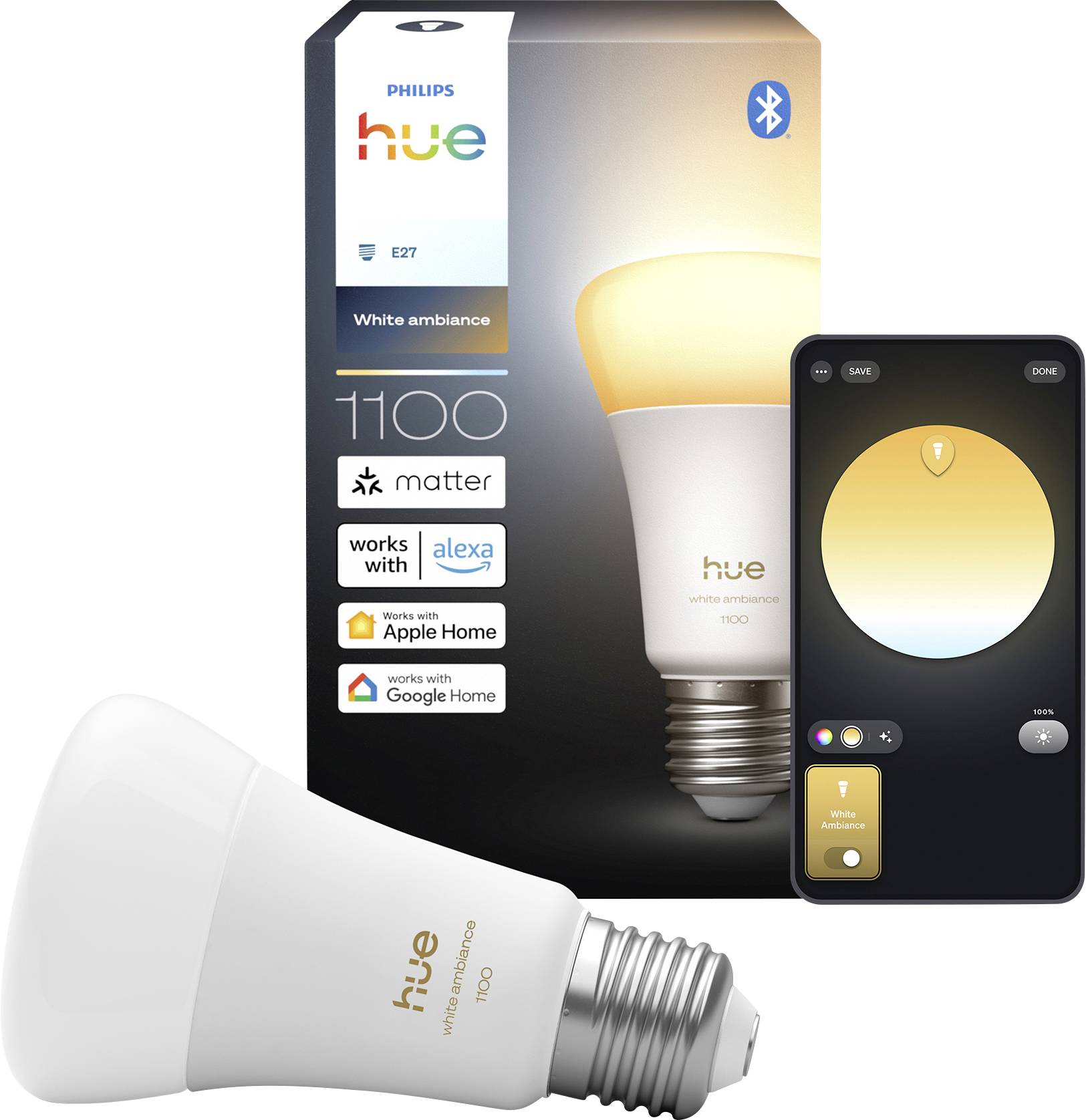Une ampoule intelligente Philips Hue blanc ambiance à côté de son emballage. Un smartphone affiche l'interface de l'application, montrant les commandes de luminosité et de température de couleur de l'ampoule.