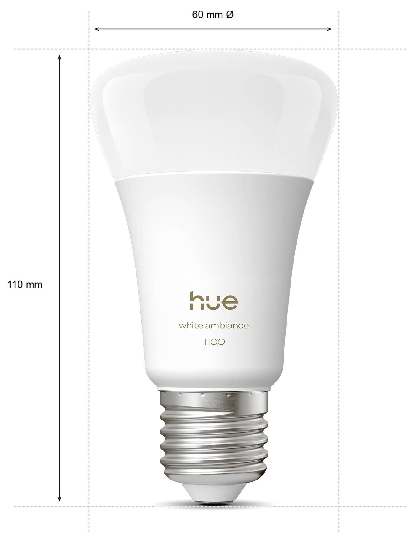 Ampoule lumière blanche avec texte 'hue white ambiance 1100', hauteur de 110 mm, diamètre de 60 mm.
