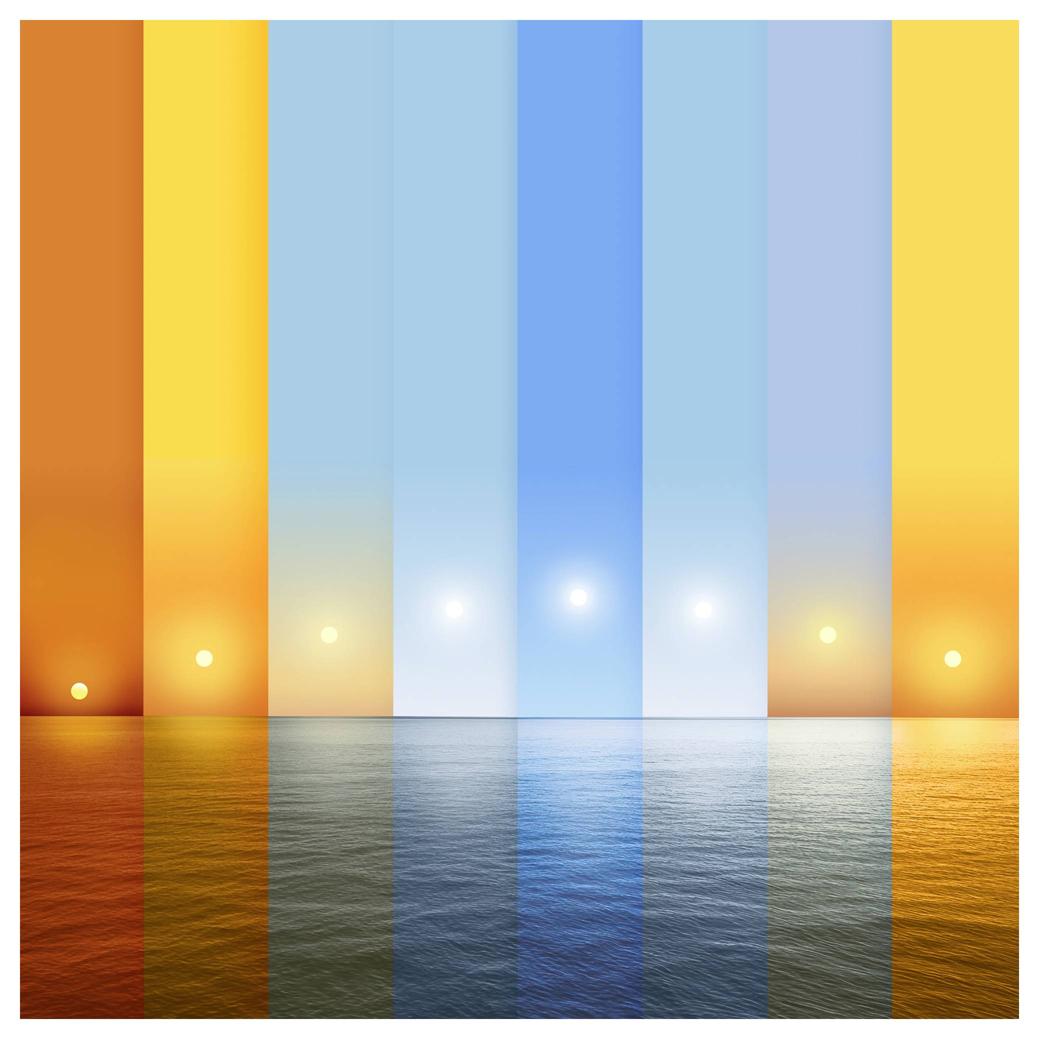Collage montrant le coucher et le lever du soleil au-dessus de l'océan en séquence, passant des teintes orangées aux teintes bleues à travers différents panneaux.