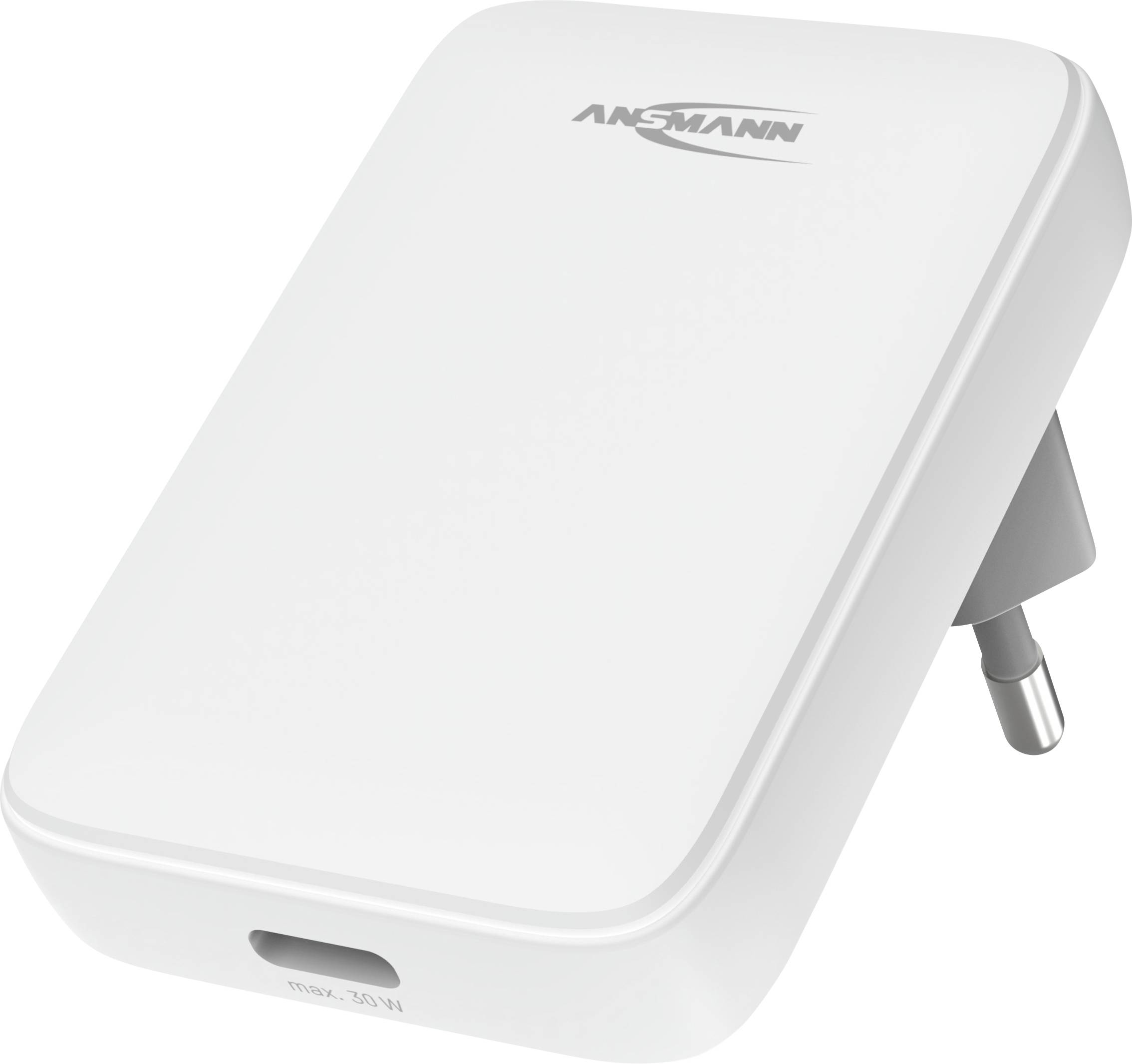 Un chargeur mural USB Ansmann blanc au design fin, doté d'un port USB unique et d'une prise électrique à l'arrière.