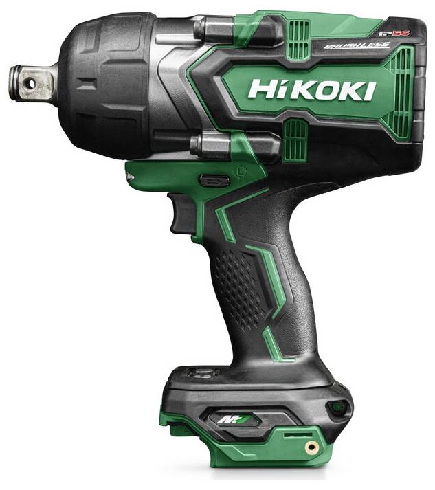 Un outil électrique sans fil, vert et noir, de la marque « HiKOKI », conçu pour des tâches nécessitant du couple, comme serrer ou desserrer des boulons.