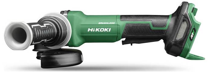 Un meuleuse d'angle sans fil HiKOKI verte avec une poignée noire et un carter de protection, conçue pour des tâches de coupe et de meulage.