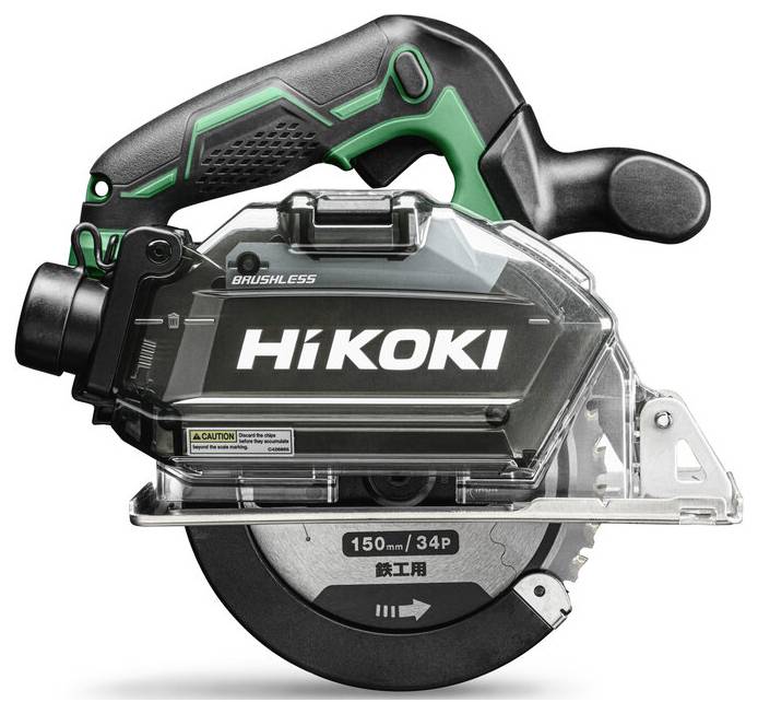 Scie circulaire portative de la marque 'HiKOKI' avec une poignée noire et verte, portant l'étiquette 'Brushless' et '150mm/34P' sur la lame.