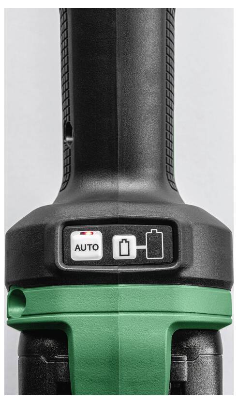 Un interrupteur d'outil électrique avec une poignée verte montrant des commandes comprenant un bouton « AUTO » et un indicateur de charge de batterie.