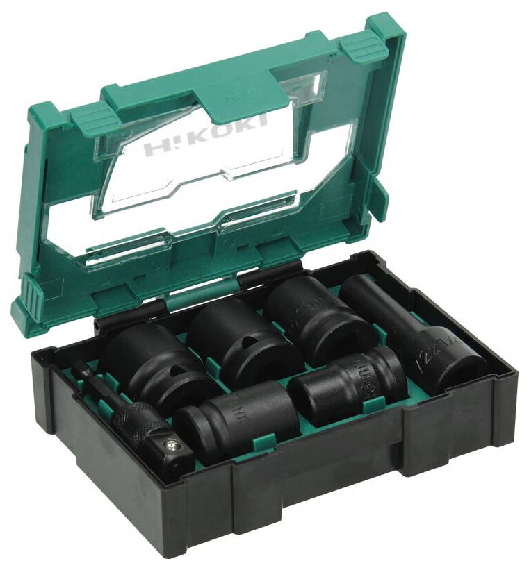Boîte ouverte de la marque 'HiKOKI' contenant différentes clés à douille noires de différentes tailles, organisées dans des compartiments.